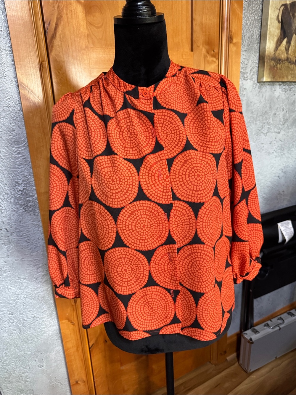 Collective Concepts Orange and Black Print 3/4 Long-Sleeve Blouse